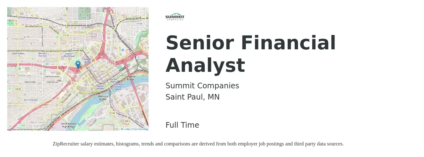 Summit Companies job posting for a Senior Financial Analyst in Saint Paul, MN with a salary of $83,500 to $104,000 Yearly with a map of Saint Paul location.