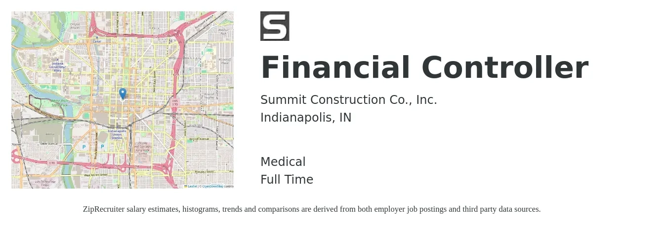 Summit Construction Co., Inc. job posting for a Financial Controller in Indianapolis, IN with a salary of $88,400 to $123,800 Yearly and benefits including life_insurance, medical, and retirement with a map of Indianapolis location.