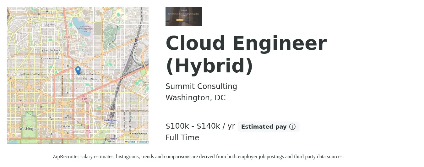 Summit Consulting job posting for a Cloud Engineer (Hybrid) in Washington, DC with a salary of $100,000 to $140,000 Yearly with a map of Washington location.