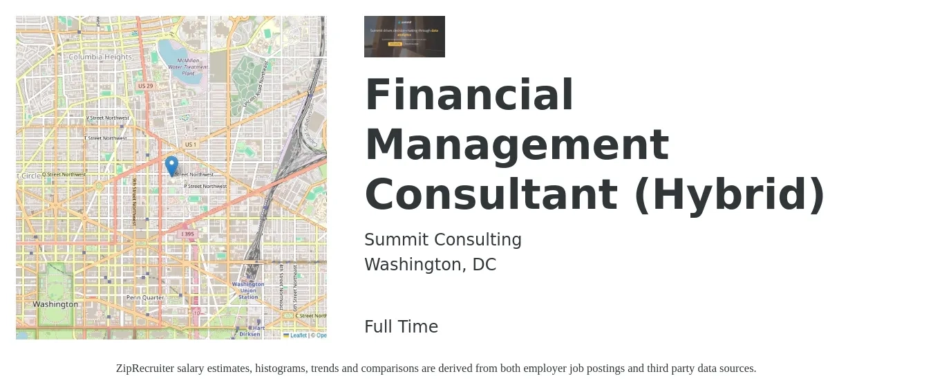 Summit Consulting job posting for a Financial Management Consultant (Hybrid) in Washington, DC with a salary of $80,000 to $115,000 Yearly with a map of Washington location.
