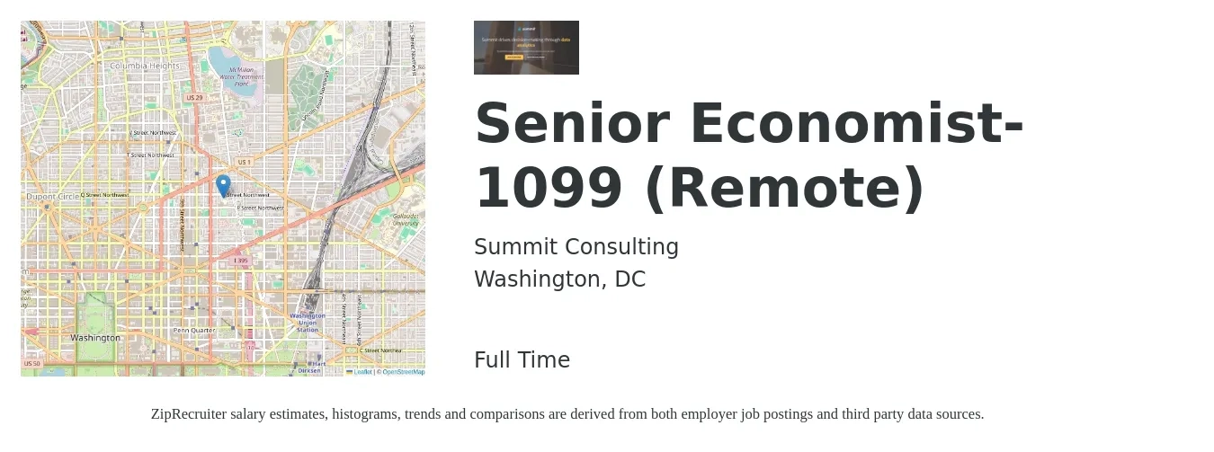 Summit Consulting job posting for a Senior Economist- 1099 (Remote) in Washington, DC with a salary of $100 to $130 Hourly with a map of Washington location.