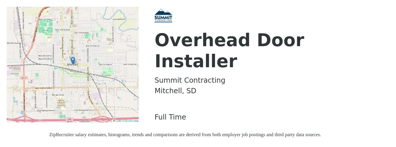 Summit Contracting job posting for a Overhead Door Installer in Mitchell, SD with a salary of $19 to $27 Hourly with a map of Mitchell location.