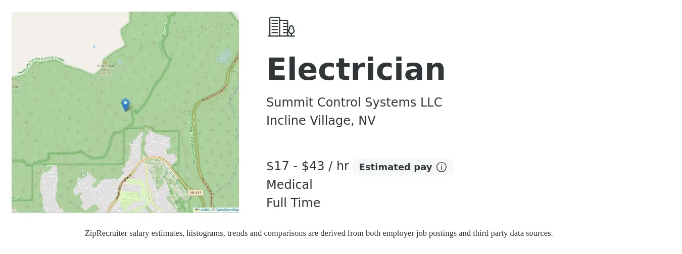 Summit Control Systems LLC job posting for a Electrician in Incline Village, NV with a salary of $18 to $45 Hourly and benefits including medical with a map of Incline Village location.