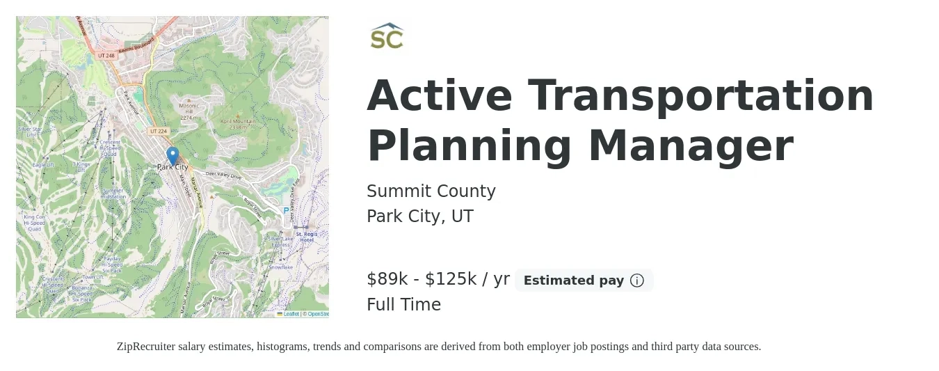 Summit County job posting for a Active Transportation Planning Manager in Park City, UT with a salary of $89,298 to $125,162 Yearly with a map of Park City location.