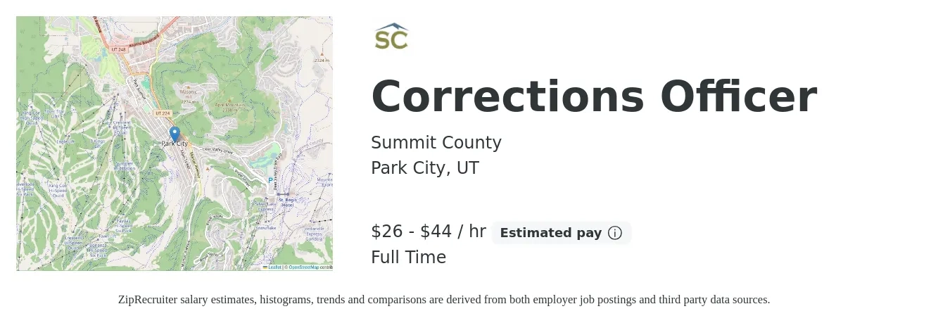 Summit County job posting for a Corrections Officer in Park City, UT with a salary of $28 to $47 Hourly with a map of Park City location.
