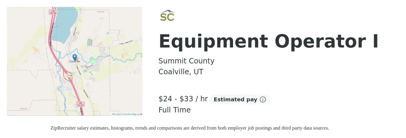Summit County job posting for a Equipment Operator I in Coalville, UT with a salary of $25 to $35 Hourly with a map of Coalville location.