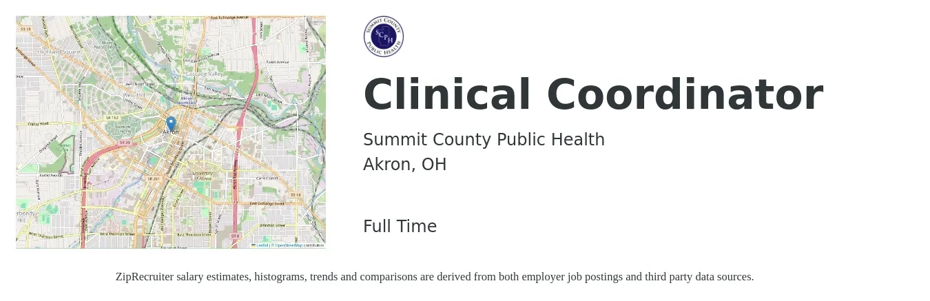 Summit County Public Health job posting for a Clinical Coordinator in Akron, OH with a salary of $32 Hourly with a map of Akron location.