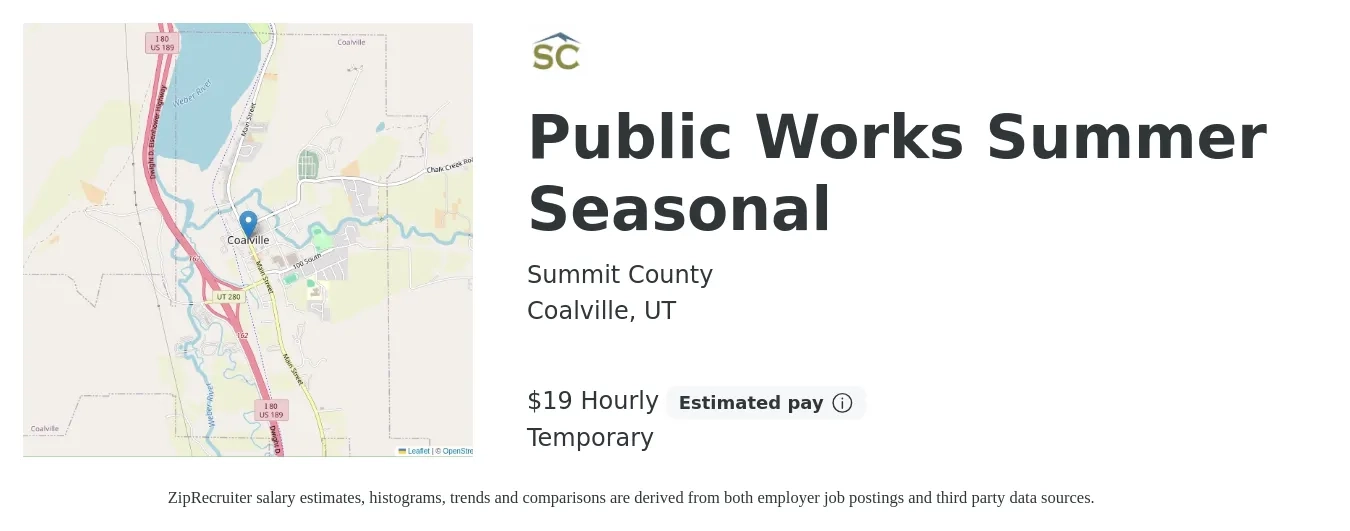 Summit County job posting for a Public Works Summer Seasonal in Coalville, UT with a salary of $20 Hourly with a map of Coalville location.