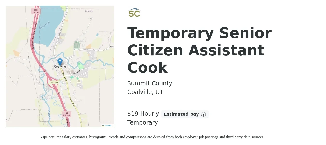 Summit County job posting for a Temporary Senior Citizen Assistant Cook in Coalville, UT with a salary of $20 Hourly with a map of Coalville location.
