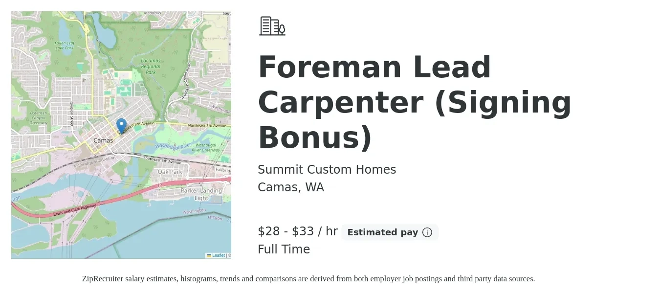 Summit Custom Homes job posting for a Foreman Lead Carpenter (Signing Bonus) in Camas, WA with a salary of $30 to $35 Hourly and benefits including pto with a map of Camas location.