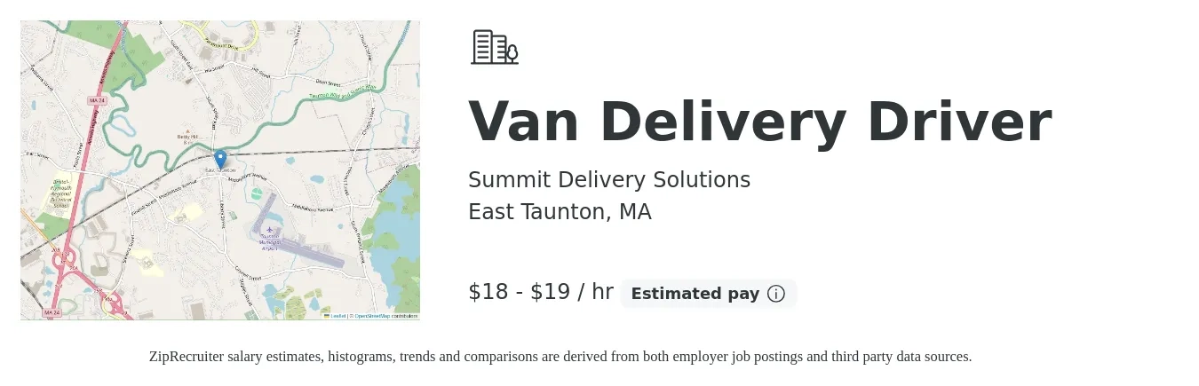 Summit Delivery Solutions job posting for a Van Delivery Driver in East Taunton, MA with a salary of $19 to $20 Hourly with a map of East Taunton location.