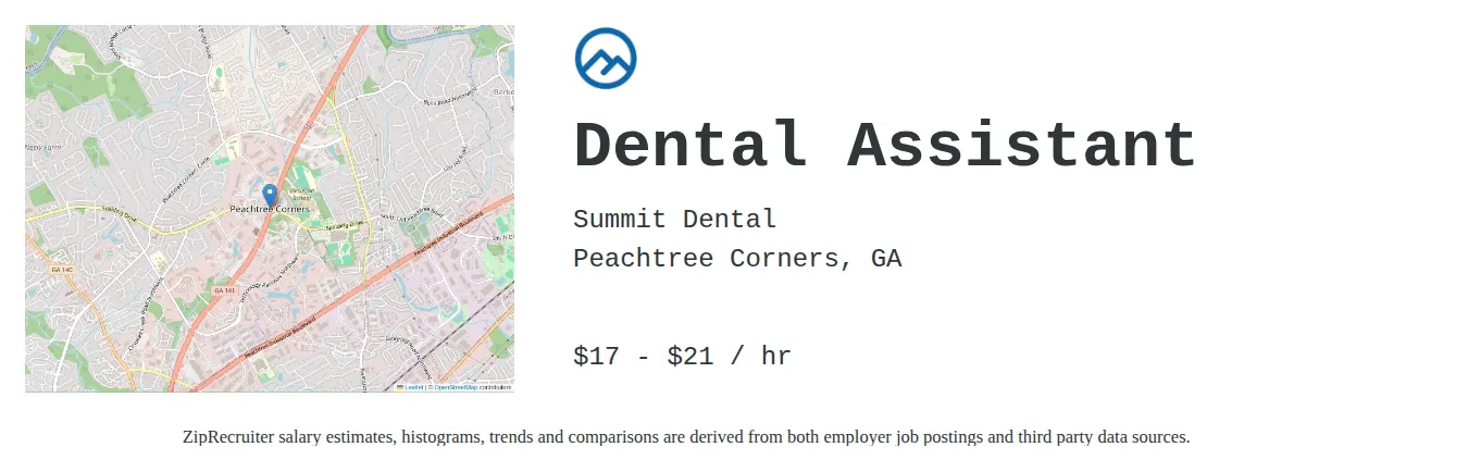 Summit Dental job posting for a Dental Assistant in Peachtree Corners, GA with a salary of $18 to $22 Hourly and benefits including Medical, Vision, Dental, PTO, Life, and Retirement with a map of Peachtree Corners location.