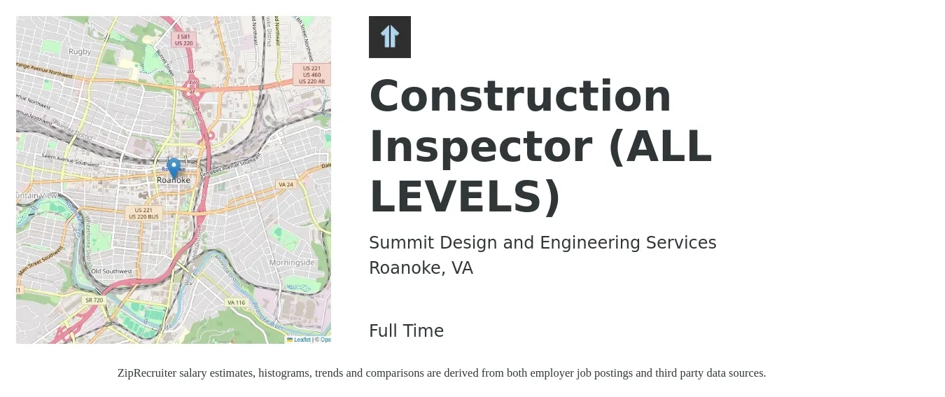 Summit Design and Engineering Services job posting for a Construction Inspector (ALL LEVELS) in Roanoke, VA with a salary of $48,600 to $76,500 Yearly with a map of Roanoke location.