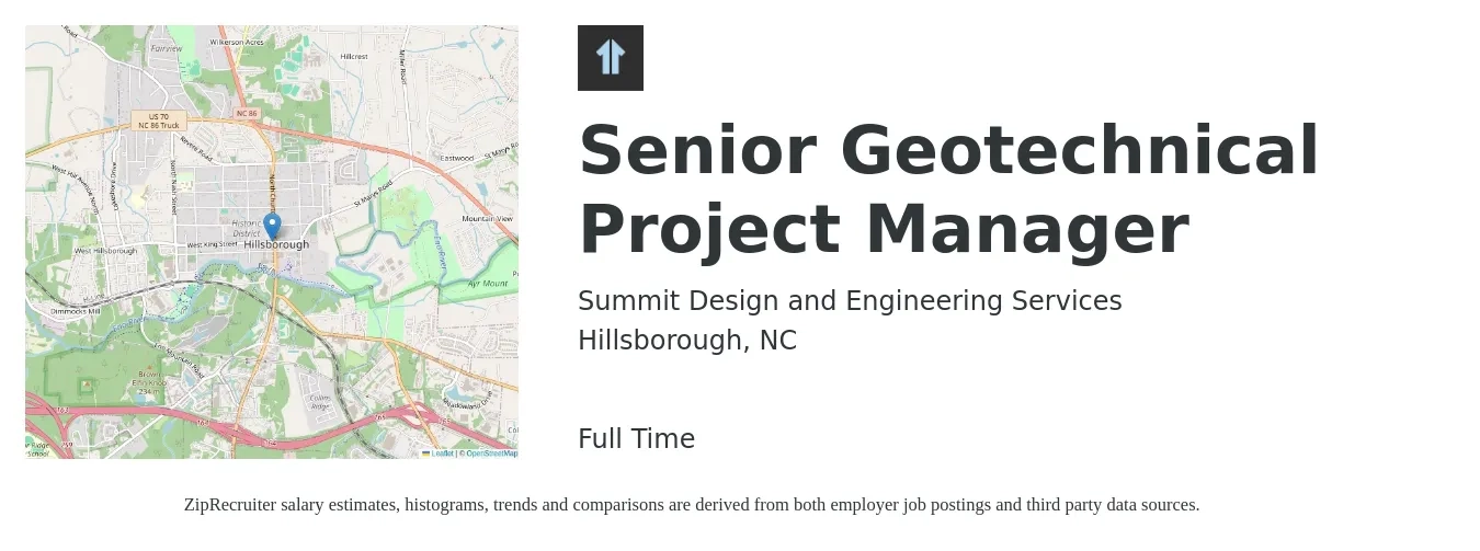 Summit Design and Engineering Services job posting for a Senior Geotechnical Project Manager in Hillsborough, NC with a salary of $87,500 to $123,400 Yearly with a map of Hillsborough location.