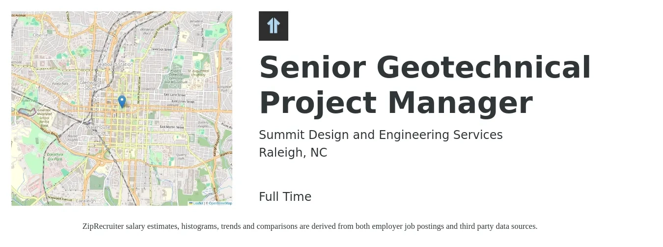 Summit Design and Engineering Services job posting for a Senior Geotechnical Project Manager in Raleigh, NC with a salary of $100,600 to $141,900 Yearly with a map of Raleigh location.