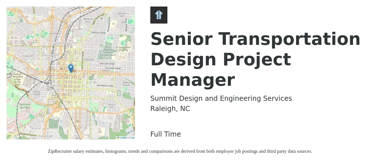 Summit Design and Engineering Services job posting for a Senior Transportation Design Project Manager in Raleigh, NC with a salary of $100,600 to $141,900 Yearly with a map of Raleigh location.