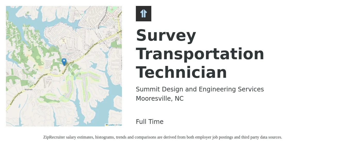 Summit Design and Engineering Services job posting for a Survey Transportation Technician in Mooresville, NC with a salary of $36,900 to $55,400 Yearly with a map of Mooresville location.