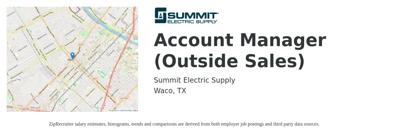 Summit Electric Supply job posting for a Account Manager (Outside Sales) in Waco, TX with a salary of $57,700 to $82,600 Yearly with a map of Waco location.