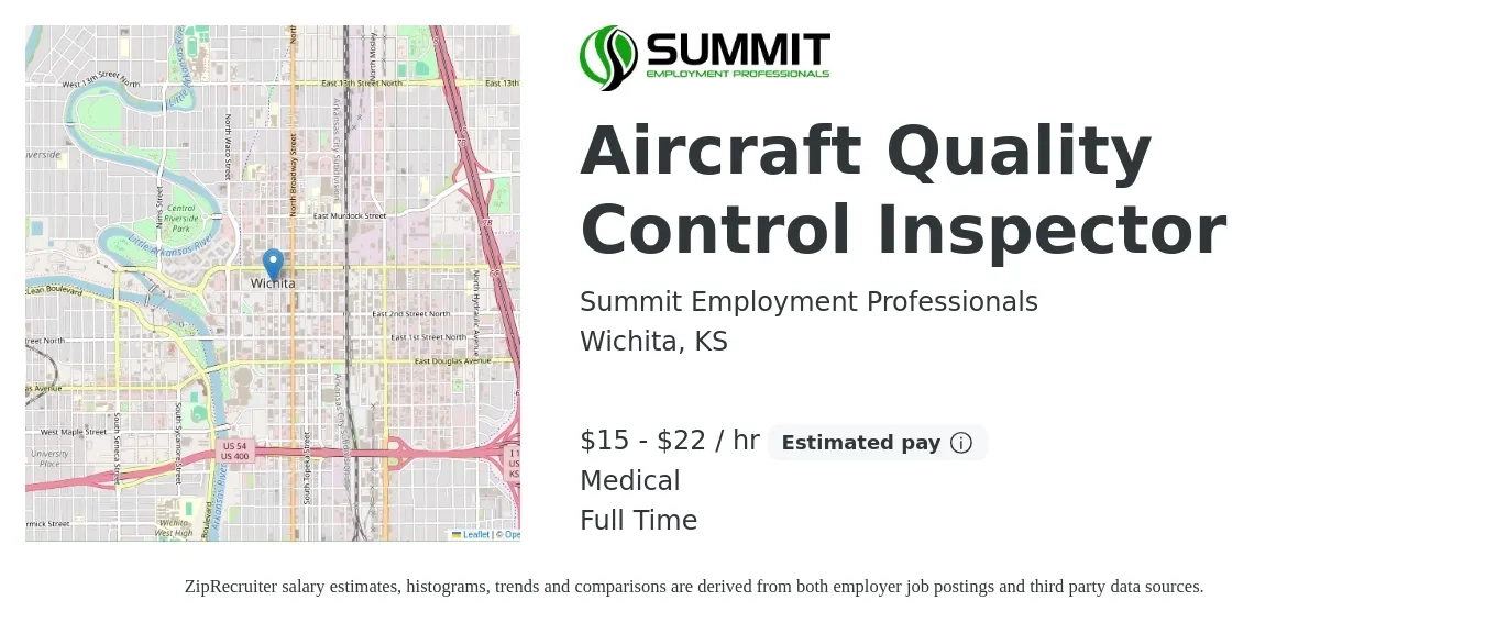 Summit Employment Professionals job posting for a Aircraft Quality Control Inspector in Wichita, KS with a salary of $16 to $23 Hourly and benefits including medical with a map of Wichita location.