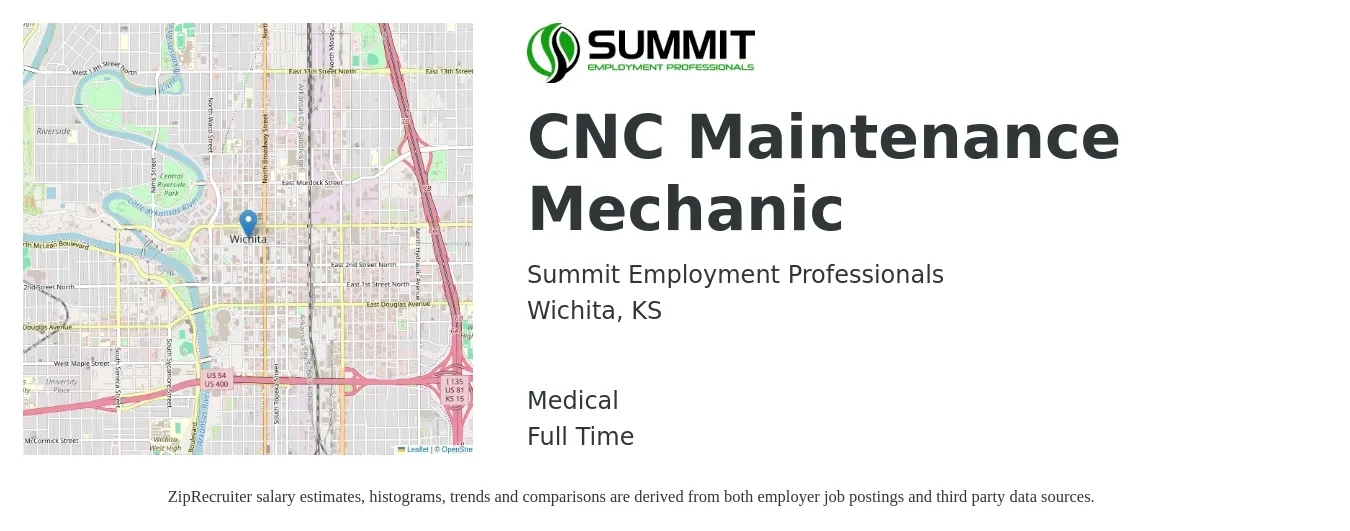 Summit Employment Professionals job posting for a CNC Maintenance Mechanic in Wichita, KS with a salary of $24 to $33 Hourly and benefits including medical with a map of Wichita location.
