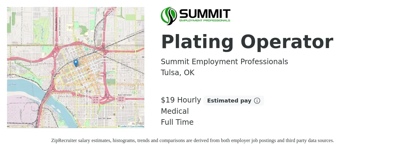Summit Employment Professionals job posting for a Plating Operator in Tulsa, OK with a salary of $20 Hourly and benefits including medical with a map of Tulsa location.
