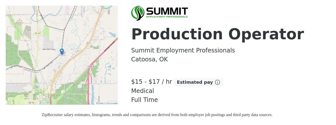 Summit Employment Professionals job posting for a Production Operator in Catoosa, OK with a salary of $16 to $18 Hourly and benefits including medical with a map of Catoosa location.