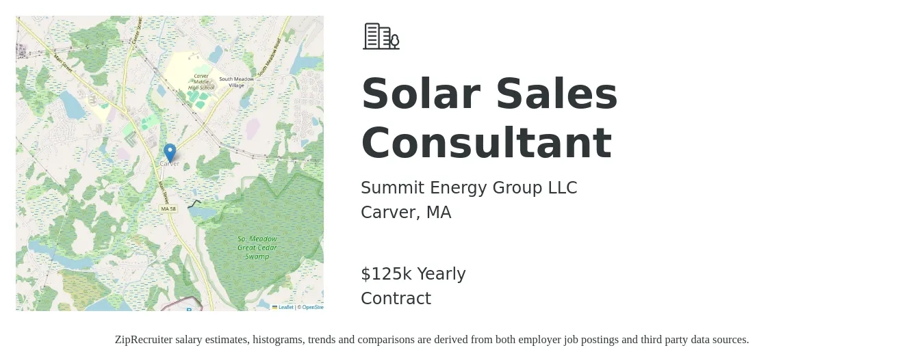 Summit Energy Group LLC job posting for a Solar Sales Consultant in Carver, MA with a salary of $125,000 Yearly with a map of Carver location.