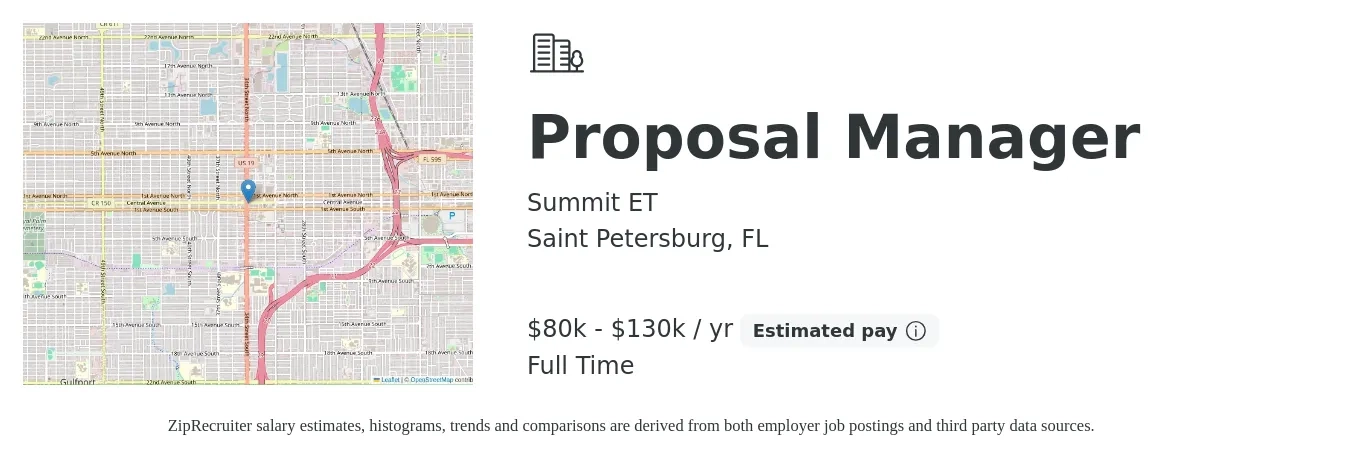 Summit ET job posting for a Proposal Manager in Saint Petersburg, FL with a salary of $80,000 to $130,000 Yearly with a map of Saint Petersburg location.