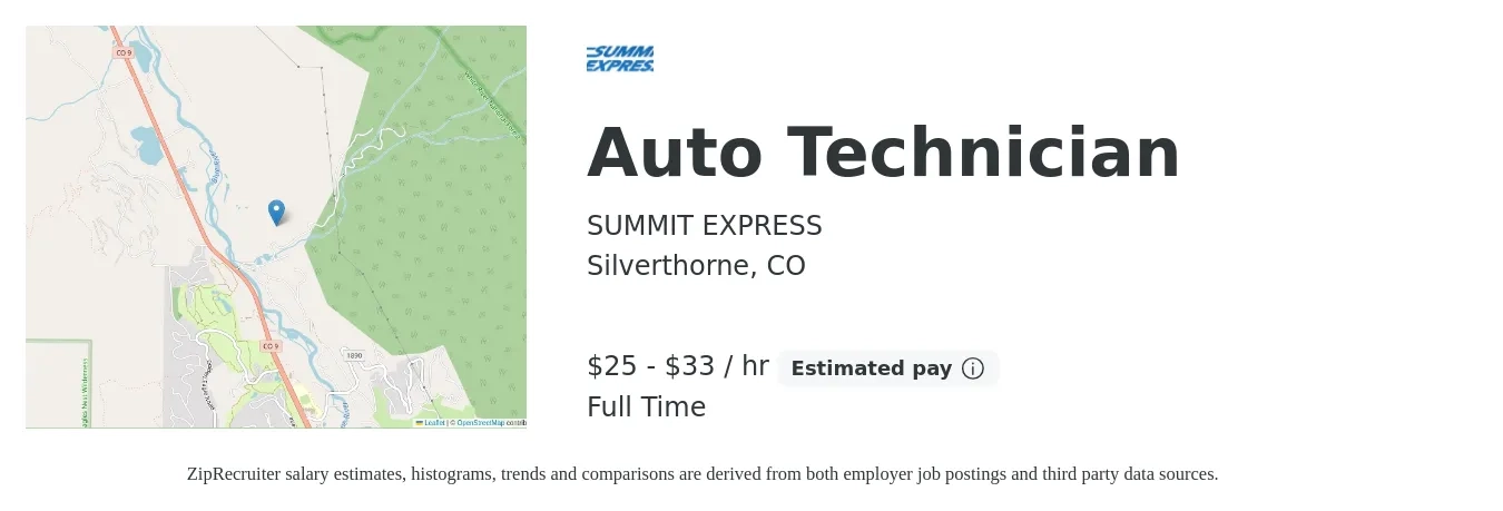 SUMMIT EXPRESS job posting for a Auto Technician in Silverthorne, CO with a salary of $26 to $35 Hourly with a map of Silverthorne location.