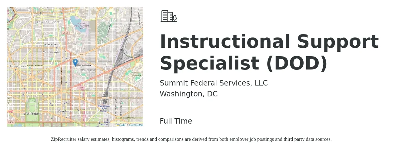 Summit Federal Services, LLC job posting for a Instructional Support Specialist (DOD) in Washington, DC with a salary of $37,800 to $58,700 Yearly with a map of Washington location.