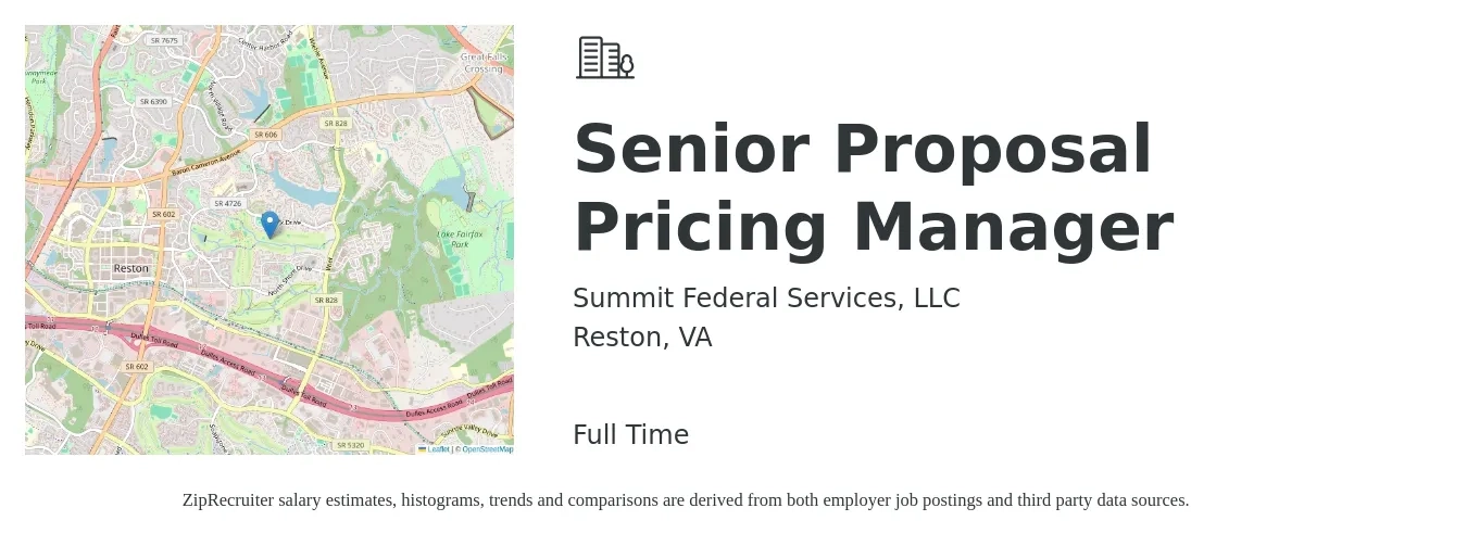 Summit Federal Services, LLC job posting for a Senior Proposal Pricing Manager in Reston, VA with a salary of $72,800 to $123,300 Yearly with a map of Reston location.