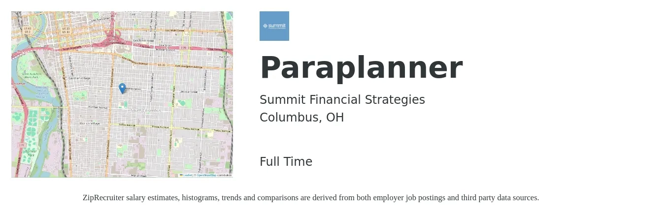 Summit Financial Strategies job posting for a Paraplanner in Columbus, OH with a salary of $49,300 to $70,000 Yearly with a map of Columbus location.