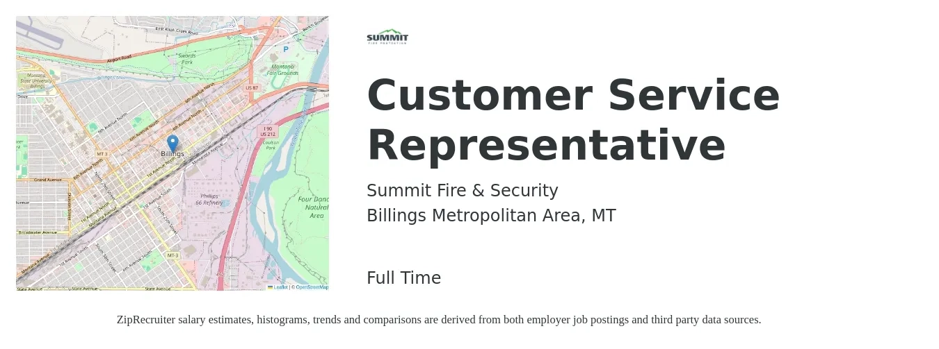 Summit Fire & Security job posting for a Customer Service Representative in Billings Metropolitan Area, MT with a salary of $16 to $22 Hourly with a map of Billings Metropolitan Area location.