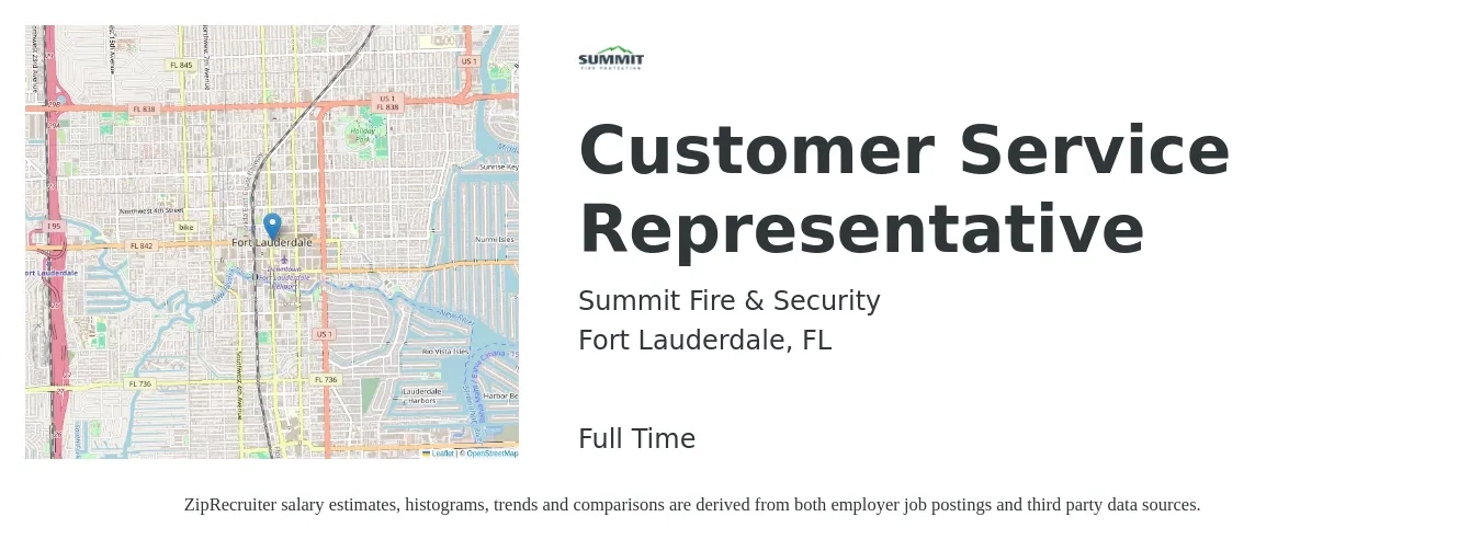 Summit Fire & Security job posting for a Customer Service Representative in Fort Lauderdale, FL with a salary of $15 to $21 Hourly with a map of Fort Lauderdale location.