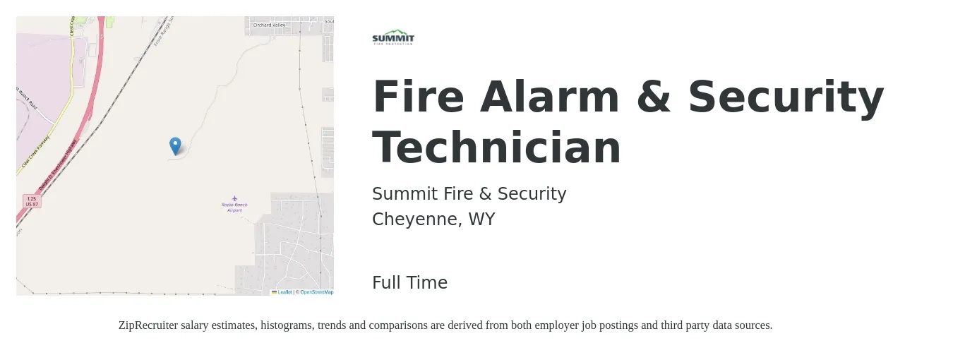 Summit Fire & Security job posting for a Fire Alarm & Security Technician in Cheyenne, WY with a salary of $23 to $32 Hourly with a map of Cheyenne location.