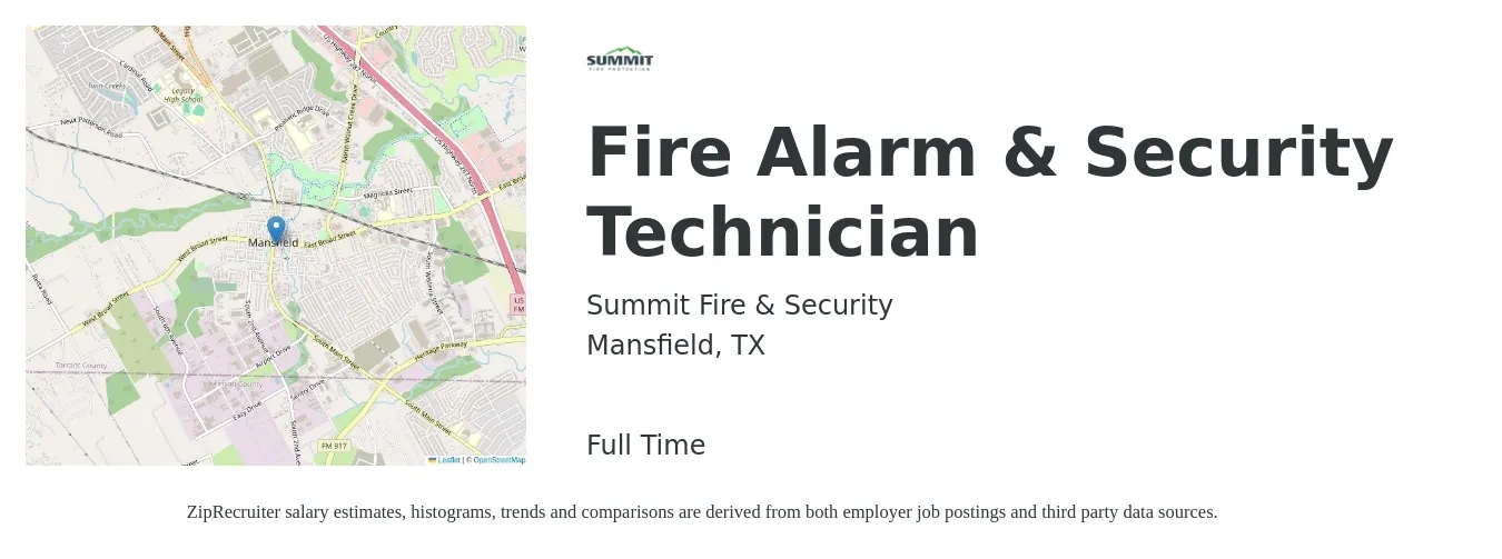 Summit Fire & Security job posting for a Fire Alarm & Security Technician in Mansfield, TX with a salary of $22 to $31 Hourly with a map of Mansfield location.