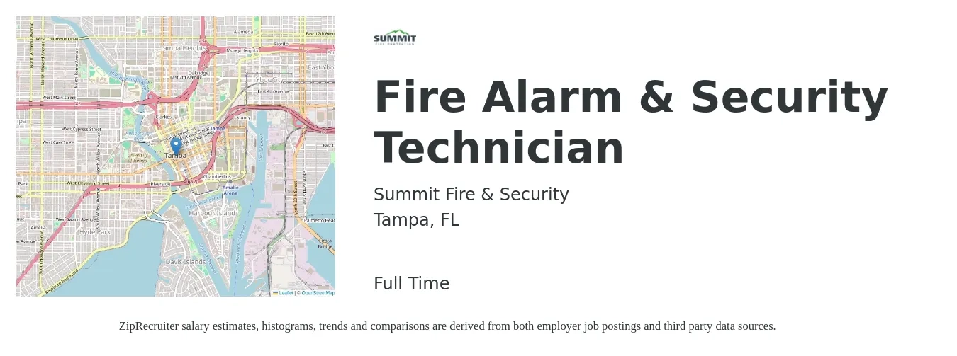 Summit Fire & Security job posting for a Fire Alarm & Security Technician in Tampa, FL with a salary of $23 to $32 Hourly with a map of Tampa location.