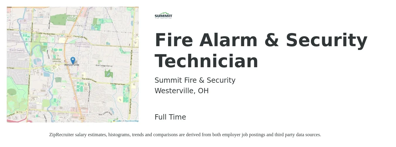 Summit Fire & Security job posting for a Fire Alarm & Security Technician in Westerville, OH with a salary of $24 to $33 Hourly with a map of Westerville location.