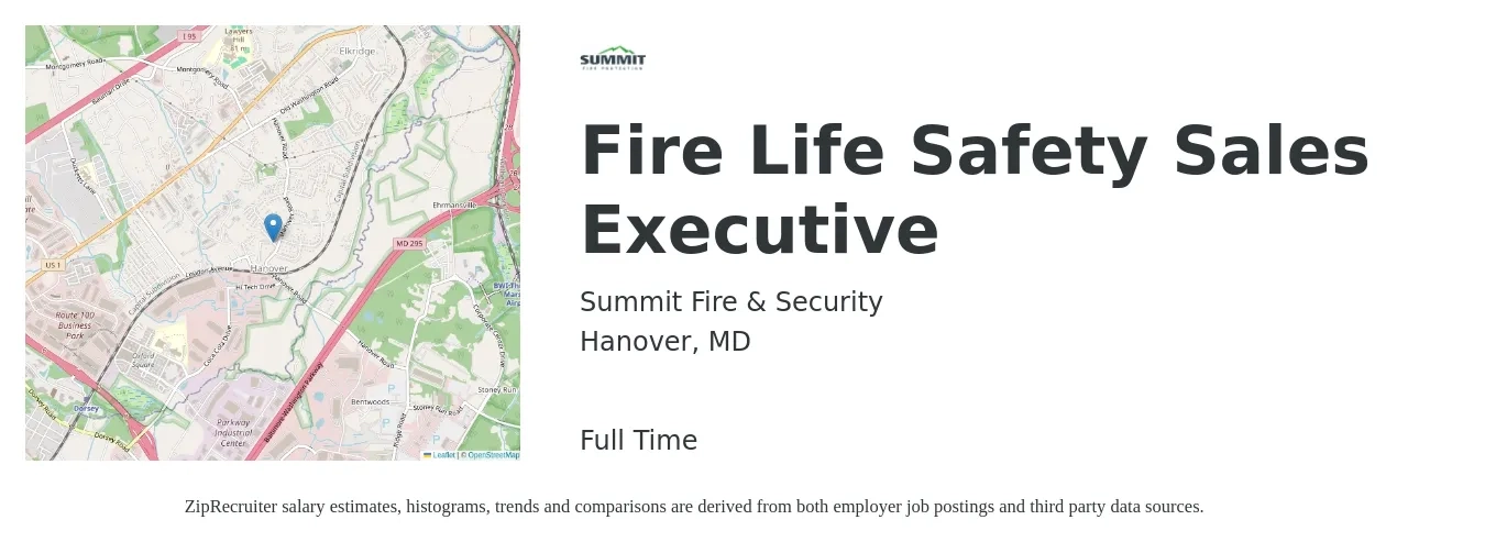Summit Fire & Security job posting for a Fire Life Safety Sales Executive in Hanover, MD with a salary of $70,900 to $90,100 Yearly with a map of Hanover location.