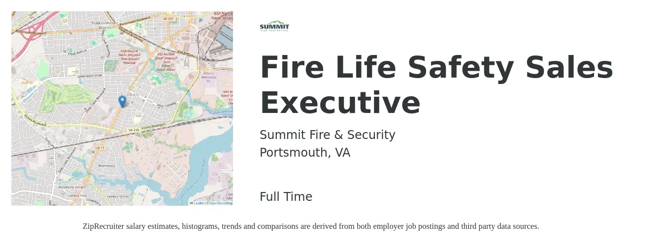 Summit Fire & Security job posting for a Fire Life Safety Sales Executive in Portsmouth, VA with a salary of $65,700 to $83,500 Yearly with a map of Portsmouth location.