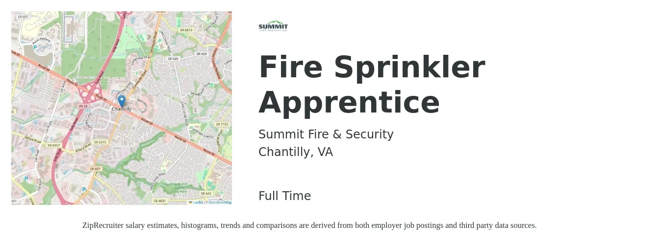Summit Fire & Security job posting for a Fire Sprinkler Apprentice in Chantilly, VA with a salary of $50,100 to $74,400 Yearly with a map of Chantilly location.