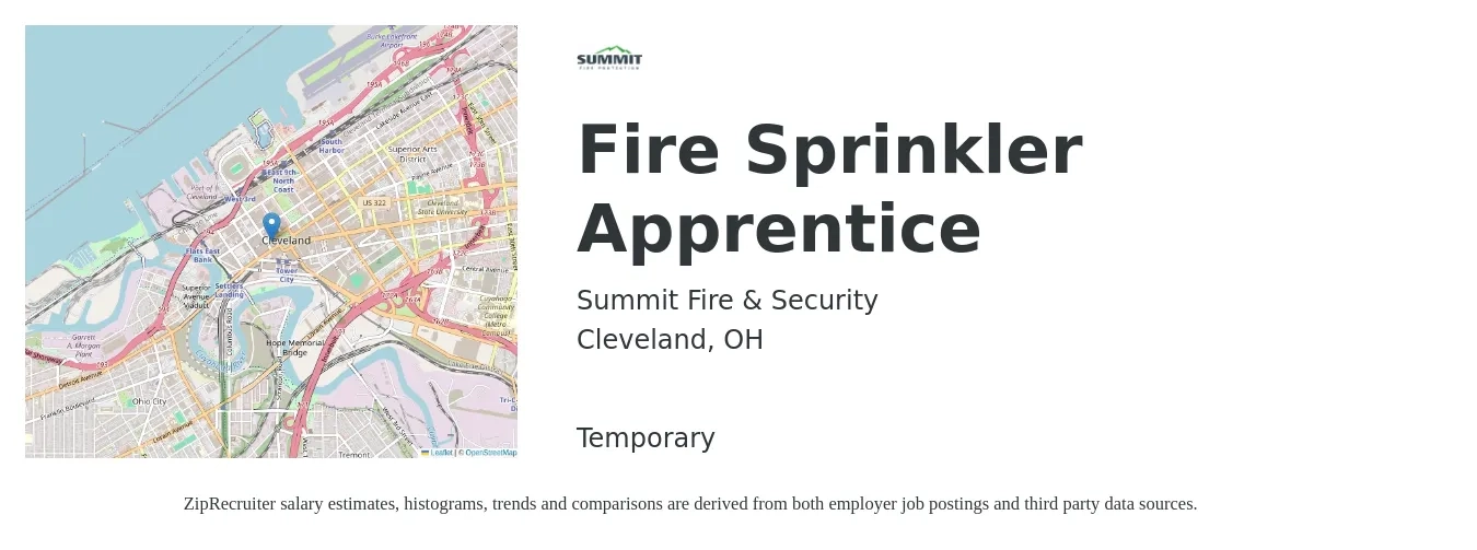 Summit Fire & Security job posting for a Fire Sprinkler Apprentice in Cleveland, OH with a salary of $50,000 to $77,600 Yearly with a map of Cleveland location.