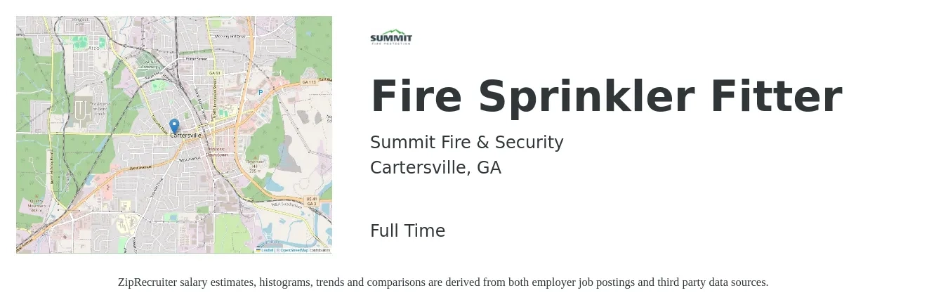Summit Fire & Security job posting for a Fire Sprinkler Fitter in Cartersville, GA with a salary of $19 to $32 Hourly with a map of Cartersville location.