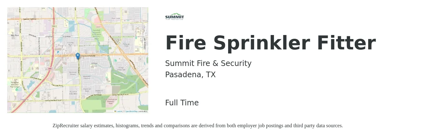 Summit Fire & Security job posting for a Fire Sprinkler Fitter in Pasadena, TX with a salary of $20 to $34 Hourly with a map of Pasadena location.