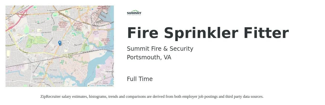Summit Fire & Security job posting for a Fire Sprinkler Fitter in Portsmouth, VA with a salary of $20 to $34 Hourly with a map of Portsmouth location.