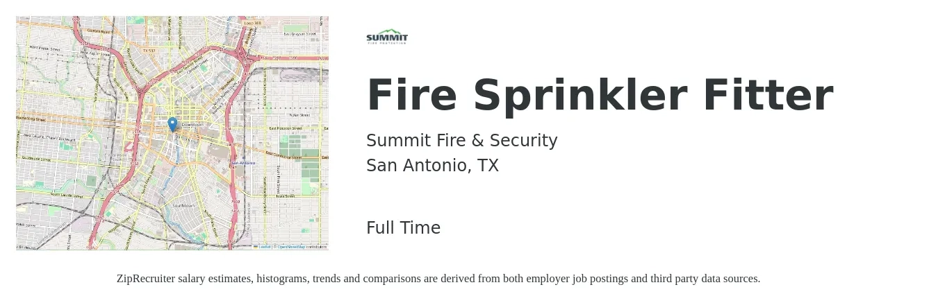 Summit Fire & Security job posting for a Fire Sprinkler Fitter in San Antonio, TX with a salary of $20 to $33 Hourly with a map of San Antonio location.