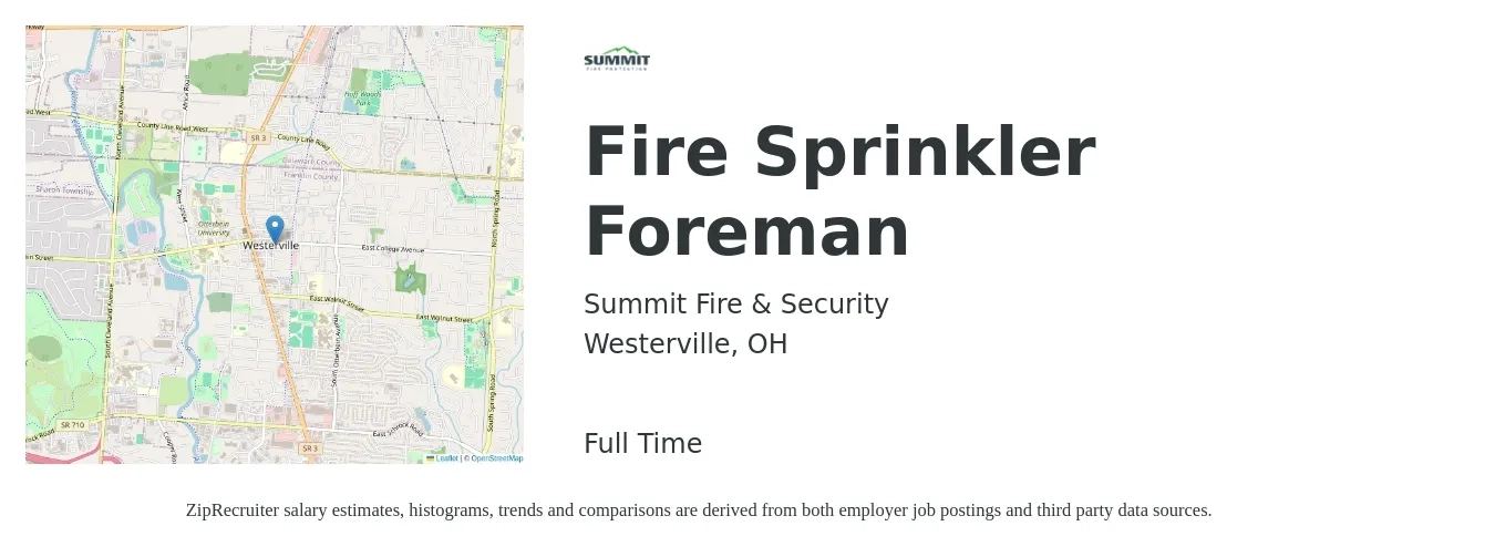 Summit Fire & Security job posting for a Fire Sprinkler Foreman in Westerville, OH with a salary of $49,700 to $77,100 Yearly with a map of Westerville location.