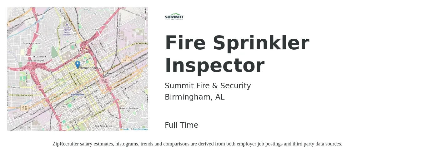 Summit Fire & Security job posting for a Fire Sprinkler Inspector in Birmingham, AL with a salary of $48,700 to $67,900 Yearly with a map of Birmingham location.