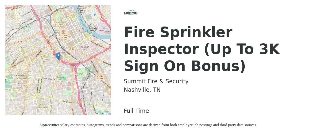 Summit Fire & Security job posting for a Fire Sprinkler Inspector (Up To 3K Sign On Bonus) in Nashville, TN with a salary of $18 to $24 Hourly with a map of Nashville location.