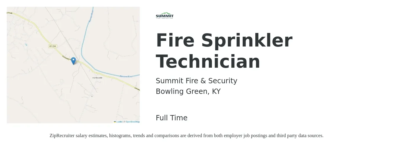 Summit Fire & Security job posting for a Fire Sprinkler Technician in Bowling Green, KY with a salary of $22 to $33 Hourly with a map of Bowling Green location.